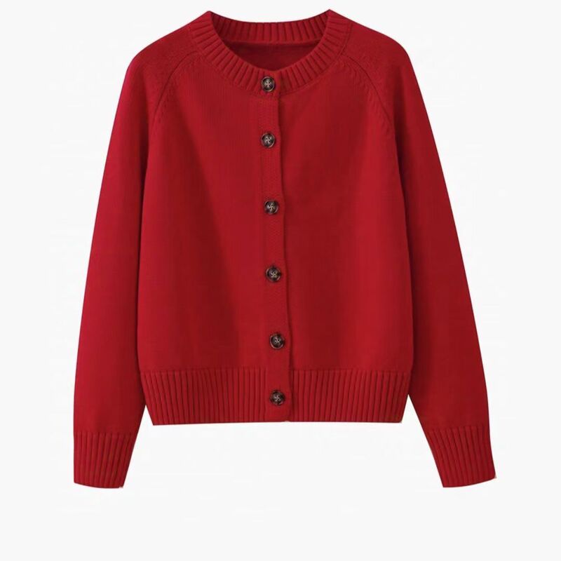 New Arrivals on the Counter: New Cotton Red Cardigan Women's Round Neck Sweater Jacket Outer Knitwear Top Women's Loose
