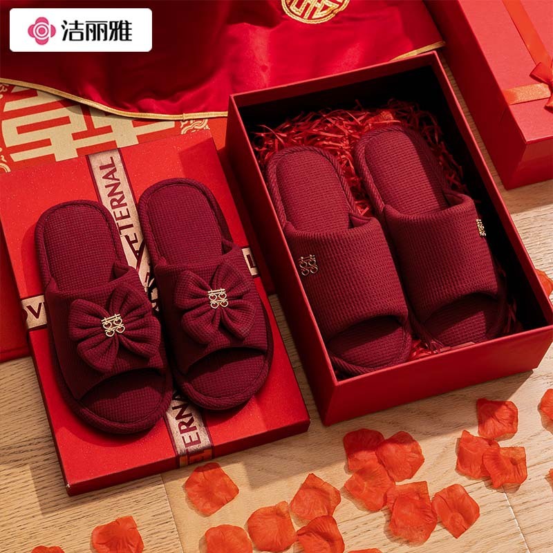 Jialiya Wedding Slippers for Couples, Autumn and Winter Style, Light Luxury, Newlywed Red Bow Slippers, a Must-Have for Weddings