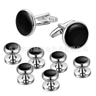 [High-Quality Paint] Casual Men's Suit Tuxedo Sleeve Studs and Collar Studs 8-Piece Set Black Round French Cufflinks