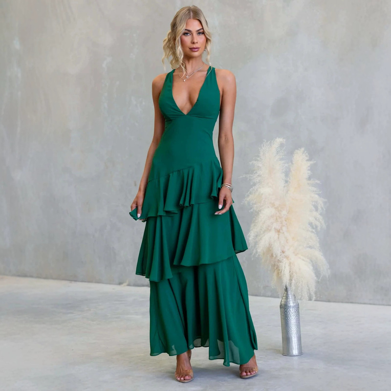 In-Stock 26-Year European and American Cross-Border Spring/Summer Chiffon Multi-Layer V-Neck Backless Fashion Mid-Length Dress 2675