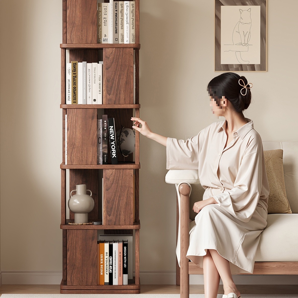 Walnut Rotating Bookshelf 360-Degree Solid Wood Bookcase Floor-Standing Storage Rack Living Room Home Kidsren's Storage Cabinet Gω