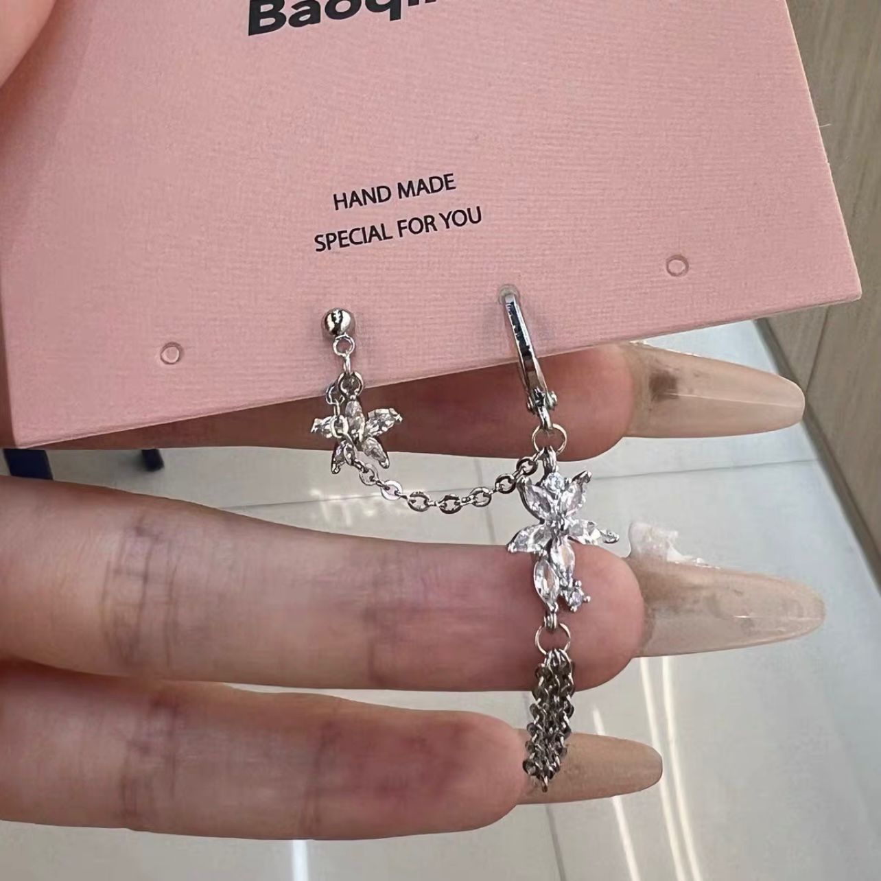 97 크리스탈 플라워 체인 귀걸이, 귀뼈 투웨어