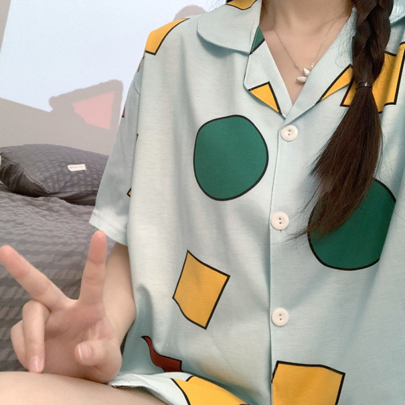 순면-라이트 블루 기하학 Xiaoxin 반팔 + 반바지