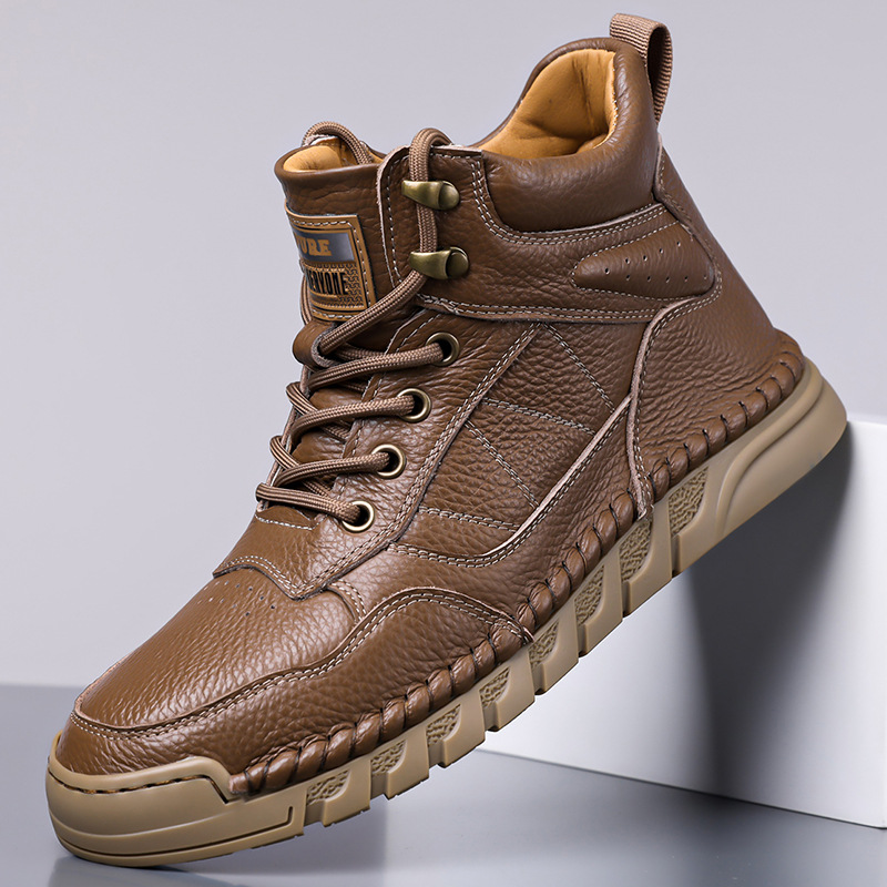 系带爸爸鞋秋冬季新款中帮手工缝制鞋休闲户外轻奢复古皮鞋男代发