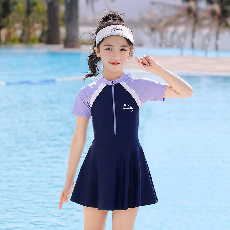 Professional Sports Children's Swimwear Girls Middle School Students Conjoined Conservative Short Sleeve Sunscreen Hot Spring Swimwear Wholesale