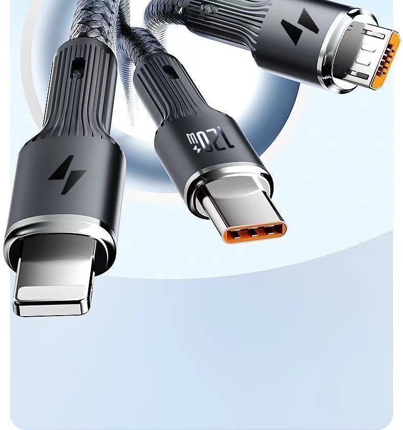 Üçü bir arada 120W süper hızlı şarj edilebilen örgülü cep telefonu şarj kablosu, Apple Type-C ve Android veri kabloları için uygundur.