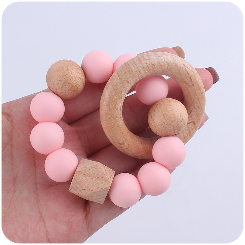 Nuevo bebé suministros de madera de haya anillo mordedor calmante bebé cuentas de silicona mordida molar pulsera mordedor juguete