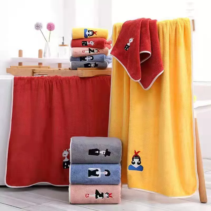 Мультяшное полотенце для ванной, набор быстросохнущего хлопка, вышивка, для любимого, подарок на день рождения, впитывает влагу