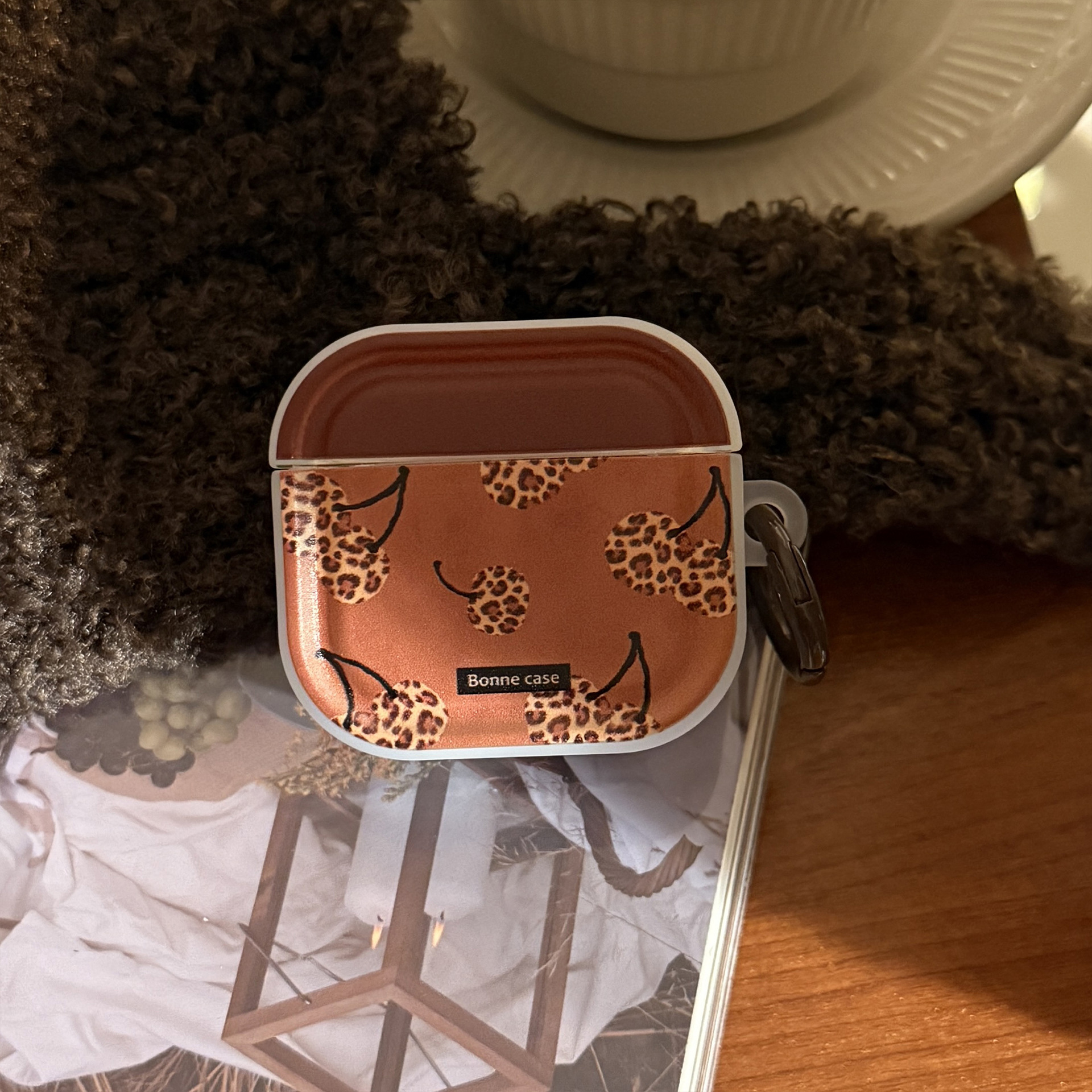 Brown Leopard Cherry AirPods auriculares cubierta pro3 cubierta 4 generación Bluetooth inalámbrico 1 retro 2 anillo colgante