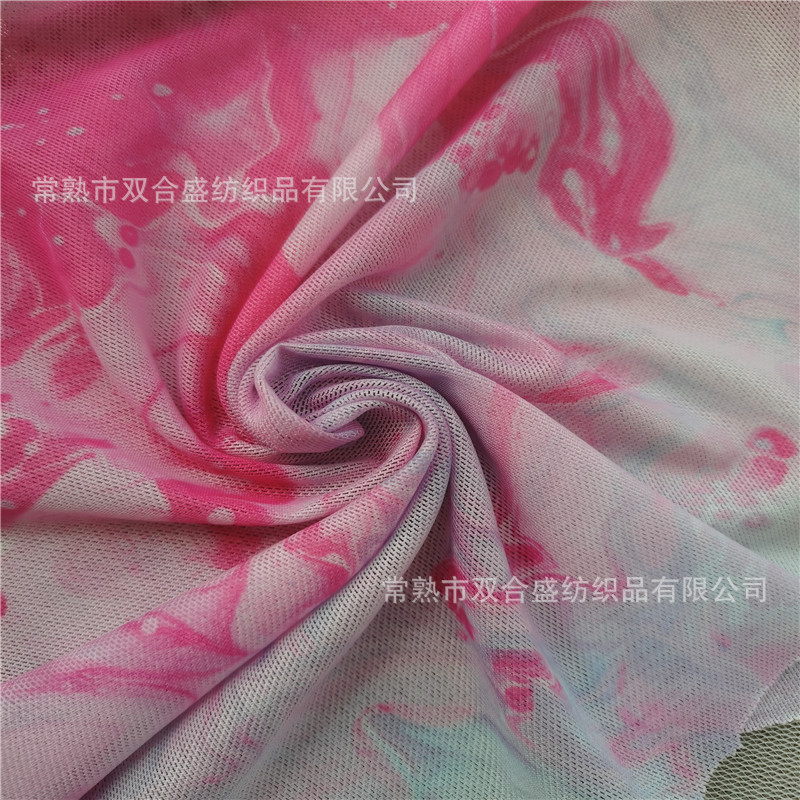水印花网眼布批发打底衫短袖裙子防晒服经编氨纶弹力网眼布面料