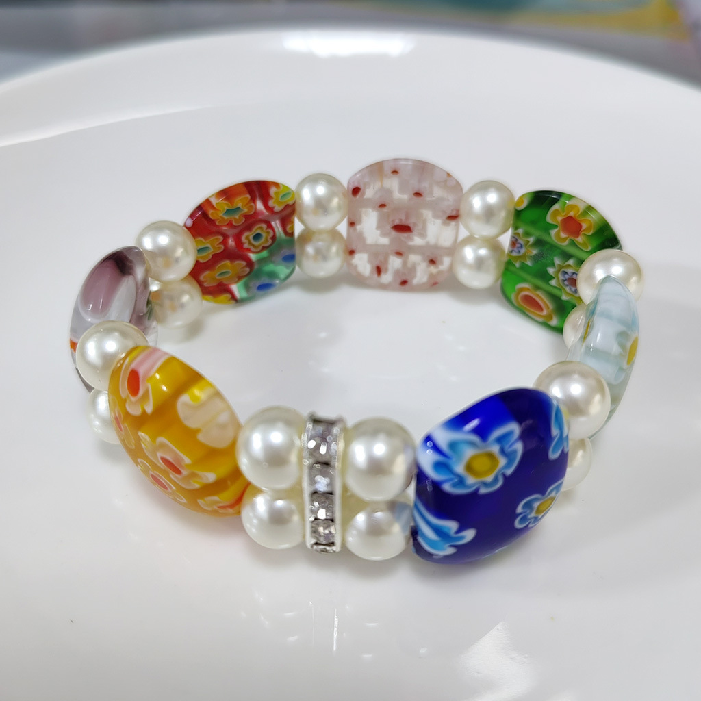 50g Weight Stretch Adjustable Clasp Closure Type Bracelets Classification glass Chain Material 1 Piece Quantity Daily Occasion glass Material Round, Flower Pattern All Seasons Season Women's Gender Handmade Design Pastoral Style Pastoral Round Flower Glass Stretch Adjustable Beaded Bracelets Wholesale 18