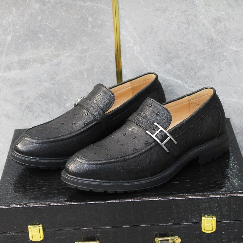 Высококачественные мужские легкие удобные лоферы без шнуровки из натуральной кожи страуса, черные универсальные мужские туфли