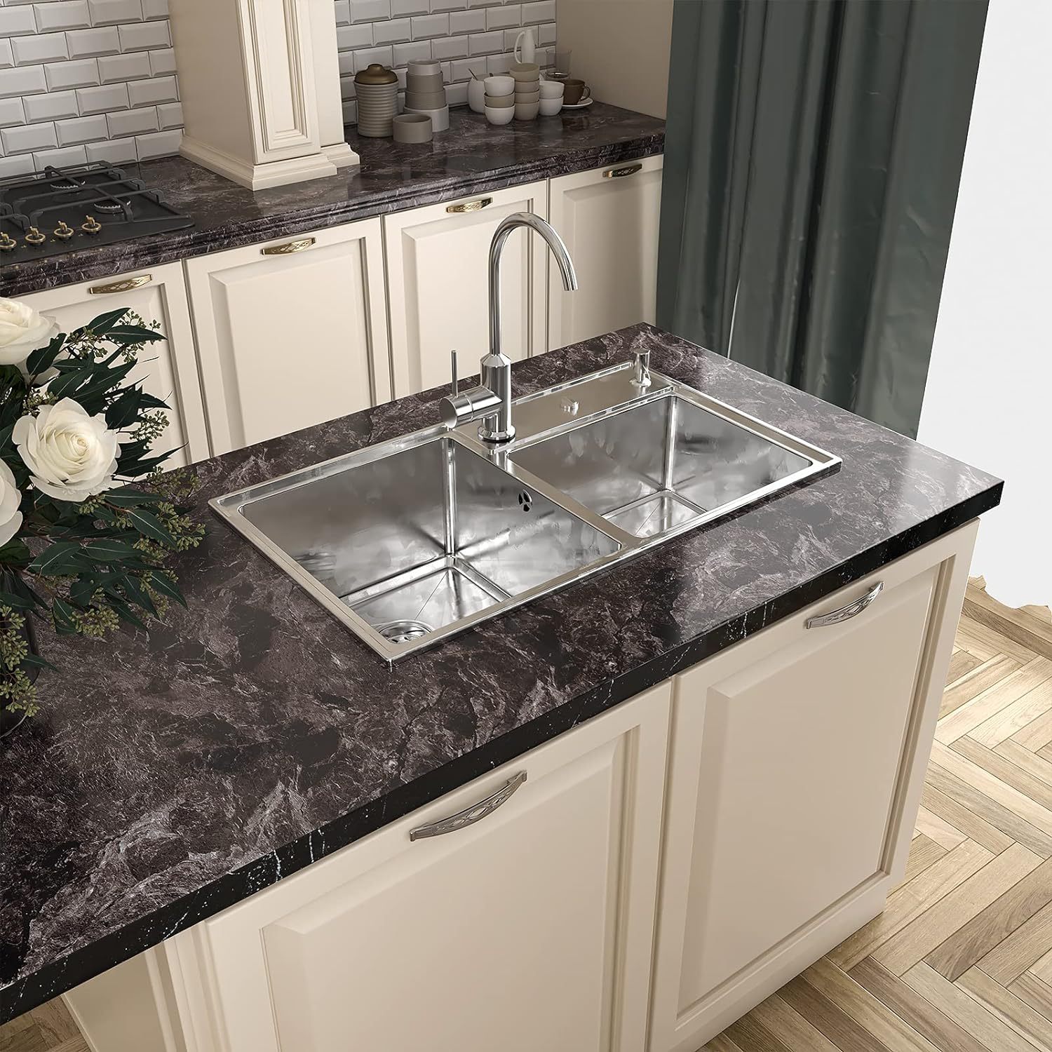 Dunkelschwarze Sandsteintapete zum Abziehen und Aufkleben, Marmor, wasserfest, für Arbeitsplatten, Kontaktpapier, Küchenschränke_voghion.com