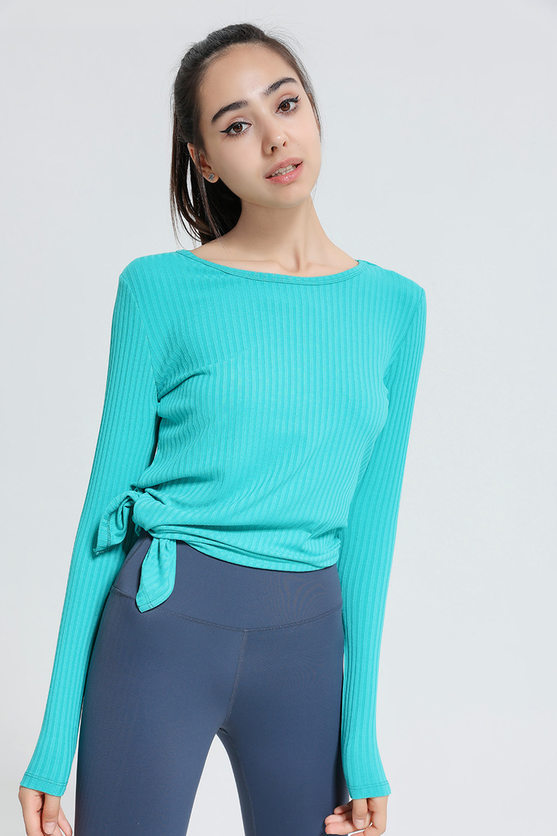 high stretch ribbed long-sleeved slim round neck yoga top nihaostyles clothing wholesale NSJLF85156