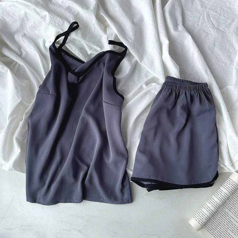 Летний пижамный комплект для женщин,camisole с V-воротом и шортами, подкладка чашек, свободный комфортный крой