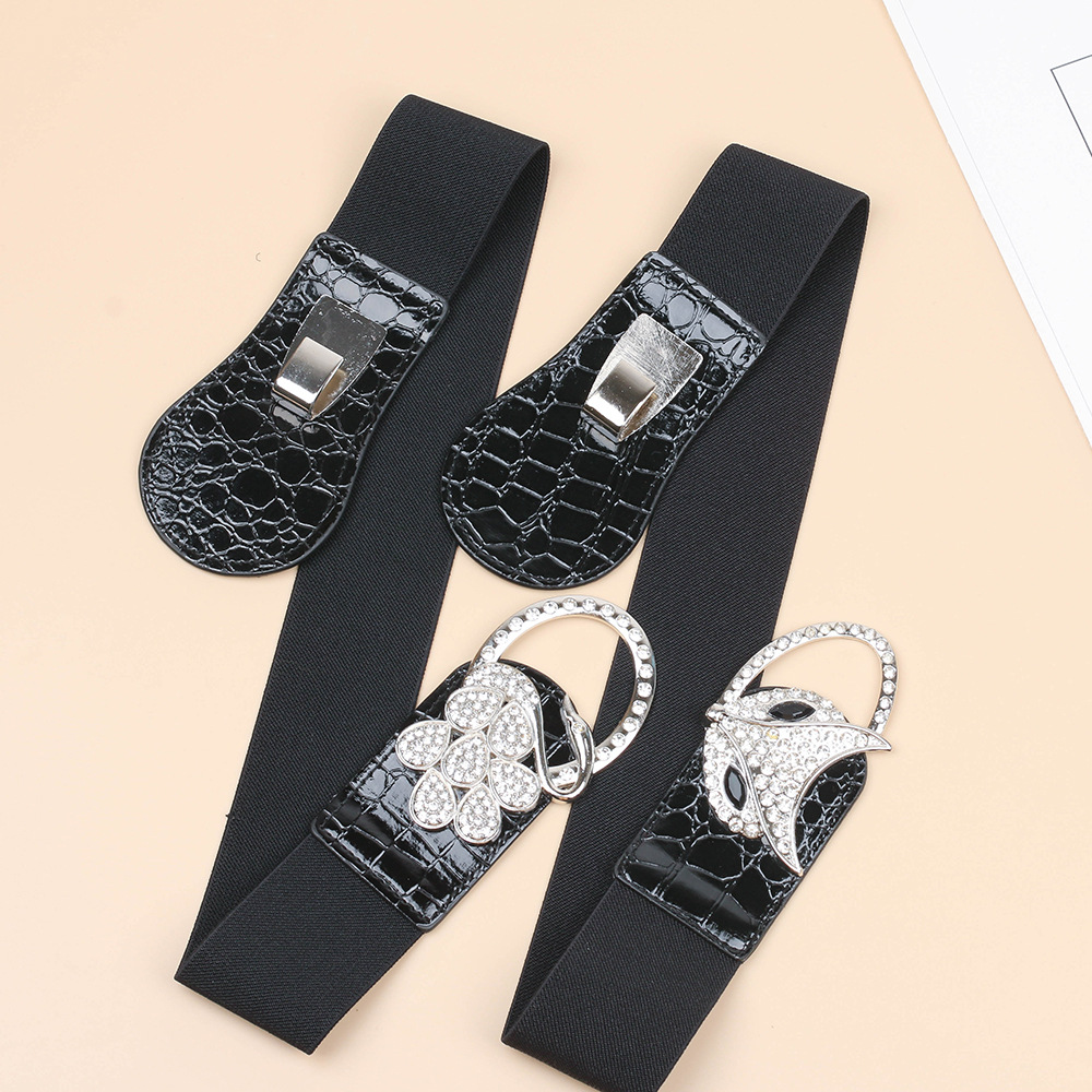 Cintura larga elastica nera alla moda da donna con decorazioni di diamanti, vestito, cappotto, chiusura in vita, strass, ragazza alla moda e paffuta_voghion.com