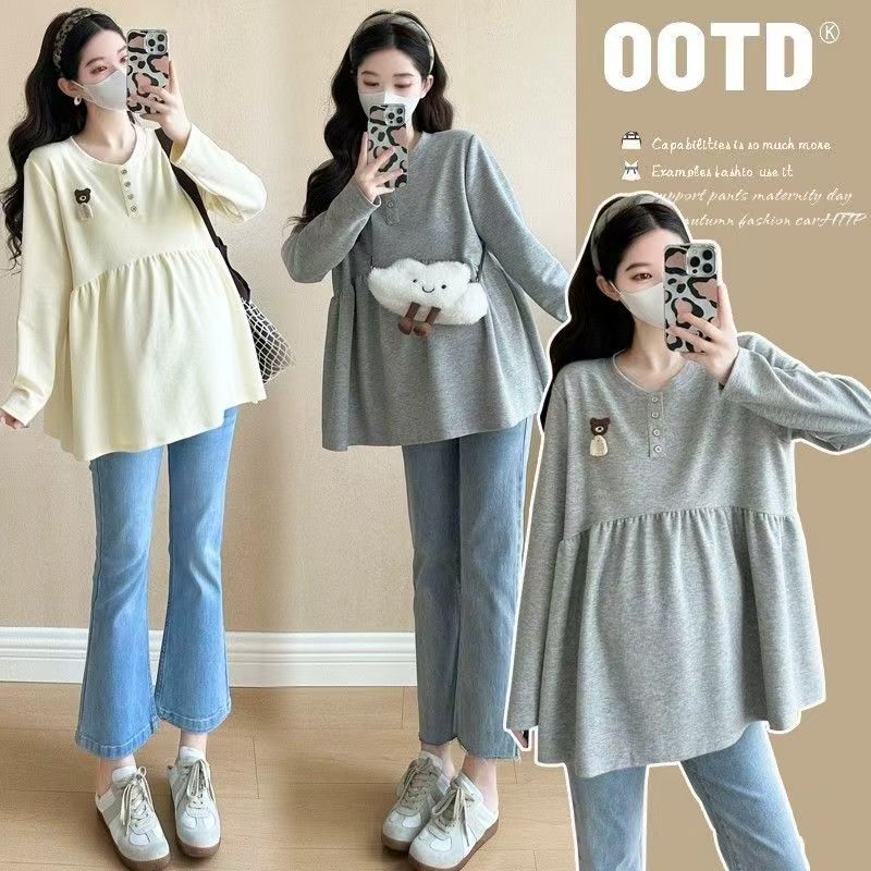 In-Stock Real Photos~ Maternity Tops Autumn New Casual Loose Belly-Covering Babydoll Long-Sleeve T-Shirt for Women Belly-Covering Trendy Mom