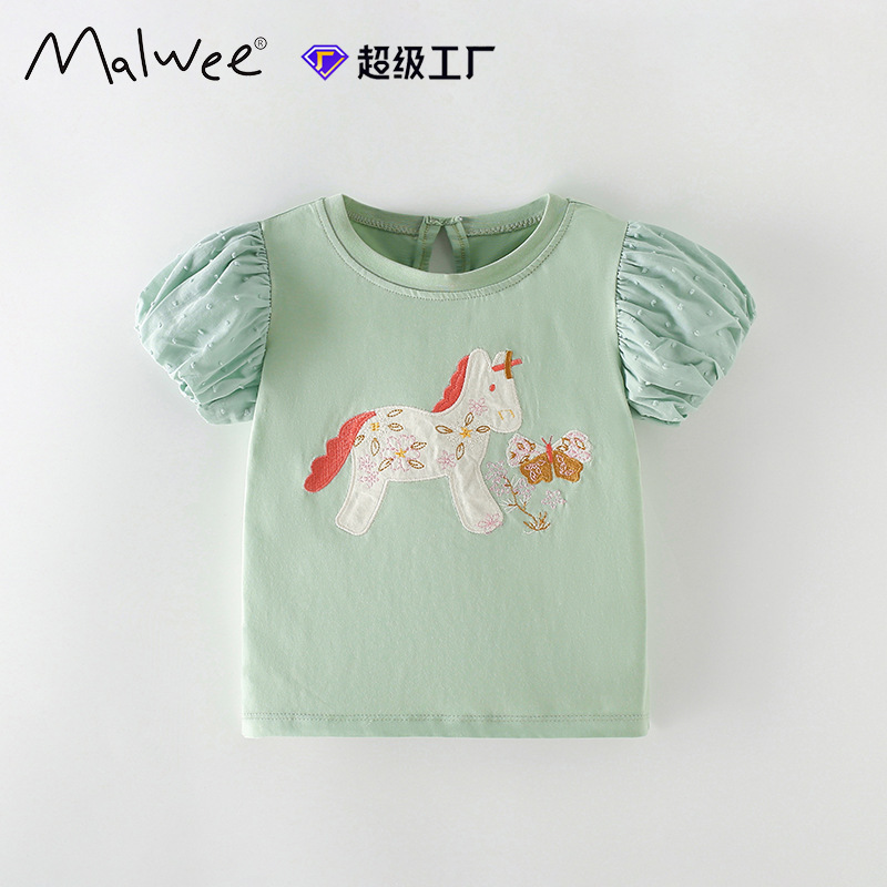 Cross-border children's clothing malwee girls' T-shirt summer new European and American children's round neck short sleeve western style children's clothing