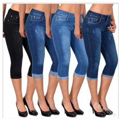 Summer European and American 2025 Elastic High Waist Simple Design Flap Pocket Pants Decoration Slim Large Size Cuffed Denim Cropped Pants for Women