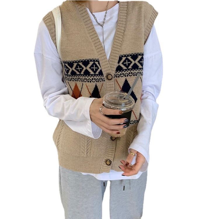 Chaleco de punto con cuello en V de Lingge Chaleco de mujer primavera y otoño transfronterizo nuevo estilo ropa exterior suelta rebeca retro chaqueta sin mangas marea