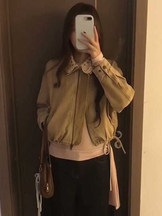 美式复古卡其色钩花镂空翻领外套女秋季设计感宽松休闲短款夹克潮|undefined