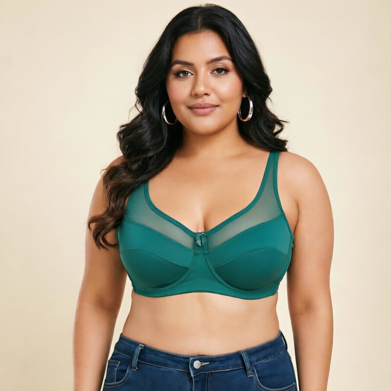 European and American Style Plus-Size Mesh Bra, Deep Green with a High-End Feel, Comfortable and Supportive, Popular Cross-Border Women's Lingerie