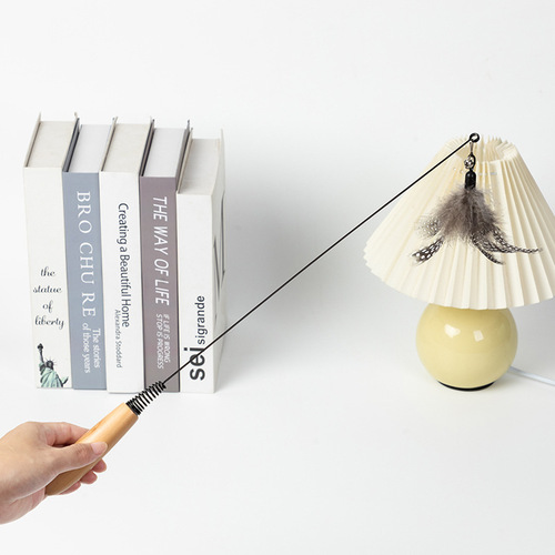 Cross-border bell-equipped colorful feather cat wand with replaceable solid wood handle steel wire feather cat toy wholesale