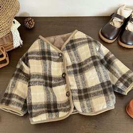 秋冬男女童装外套宝宝洋气儿童个性潮牌韩版复古毛呢格子加绒加厚