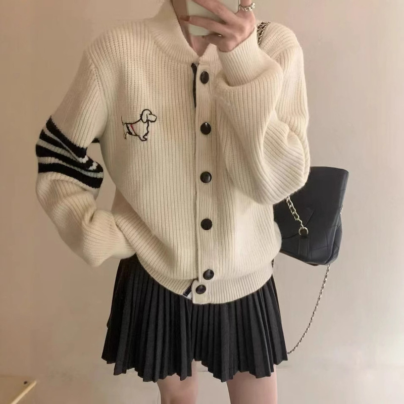 Academy-Style Four-Stripe Embroidered Knit Cardigan for Women, Stylish and Youthful Single-Breasted Sweater