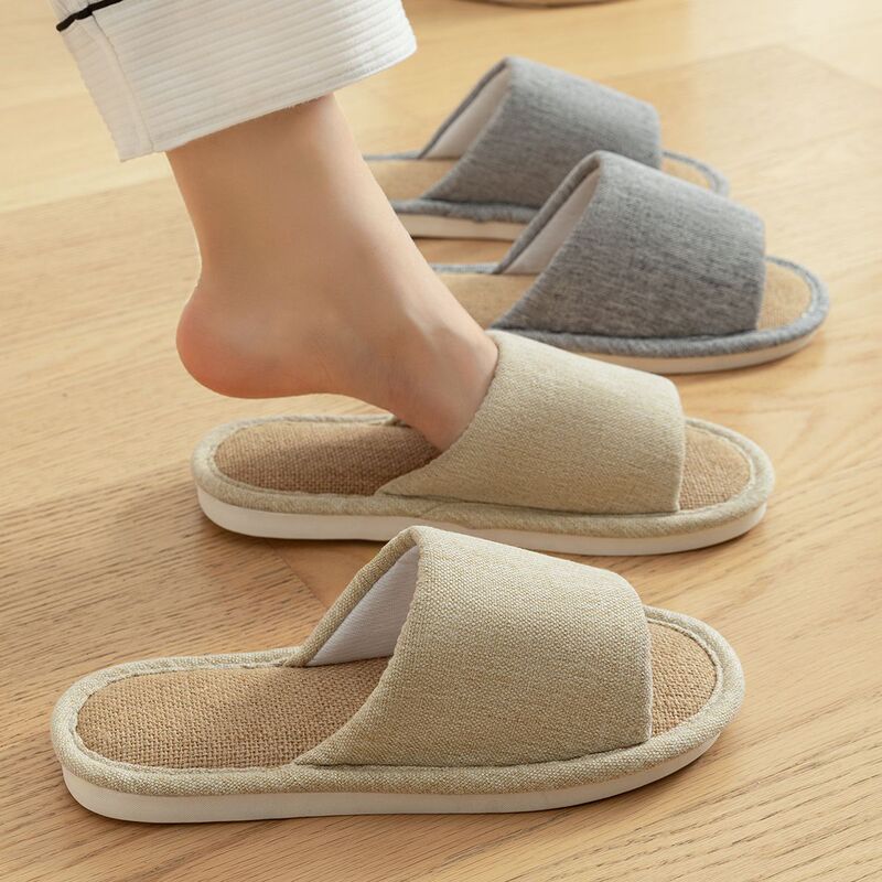 亜麻のスリッパの女性の家の室内の春と秋の家庭用カップルの四季の開口部は静音の滑り止めの綿麻のスリッパの男性を引っ張ります。|undefined