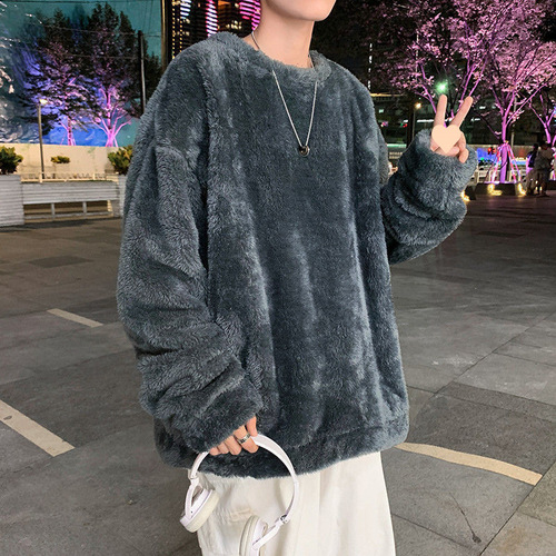Lazy Style Outerwear Men Lamb Wool Fleece Autumn Winter Korean Version Student Loose Plush Sweatshirt Men Couple Knitwear