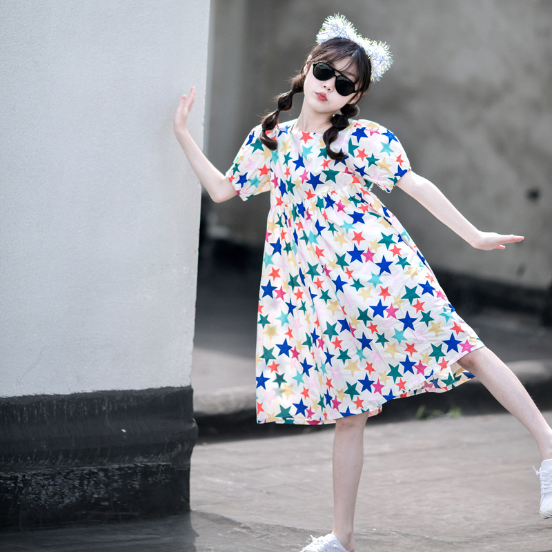 Verano nuevo estilo coreano manga corta estrella algodón falda de moda para niños grandes estilo coreano ropa para niños vestido de niña 2023