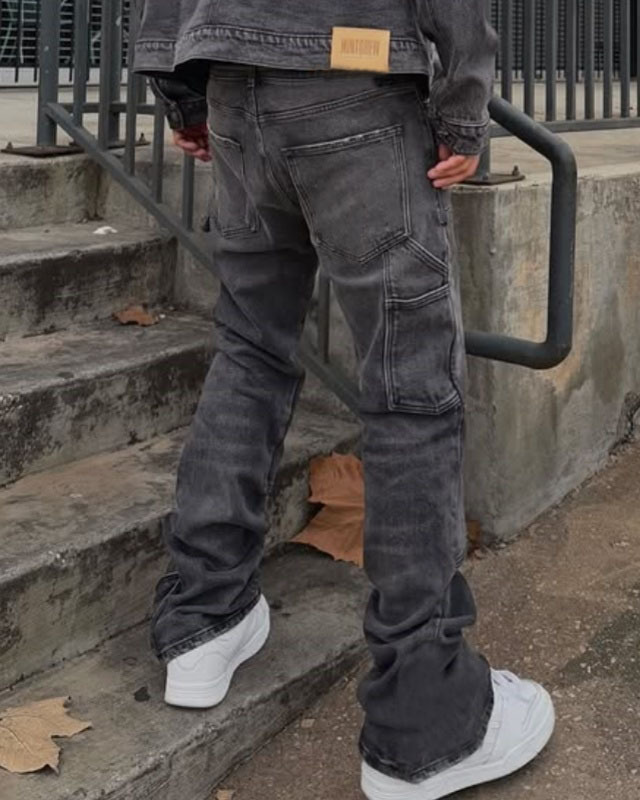 Men's Loose Fit Wide Leg Jeans Casual Ripped Hip Hop Style Stretch Flare Long Pants mid Waist Blue_mkmklike.com