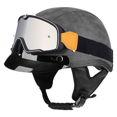 Motosiklet kaskı (dəbilqə) — men's and women's four seasons fashion - grey-leather-brim-large-frame-goggles-m56-57cm