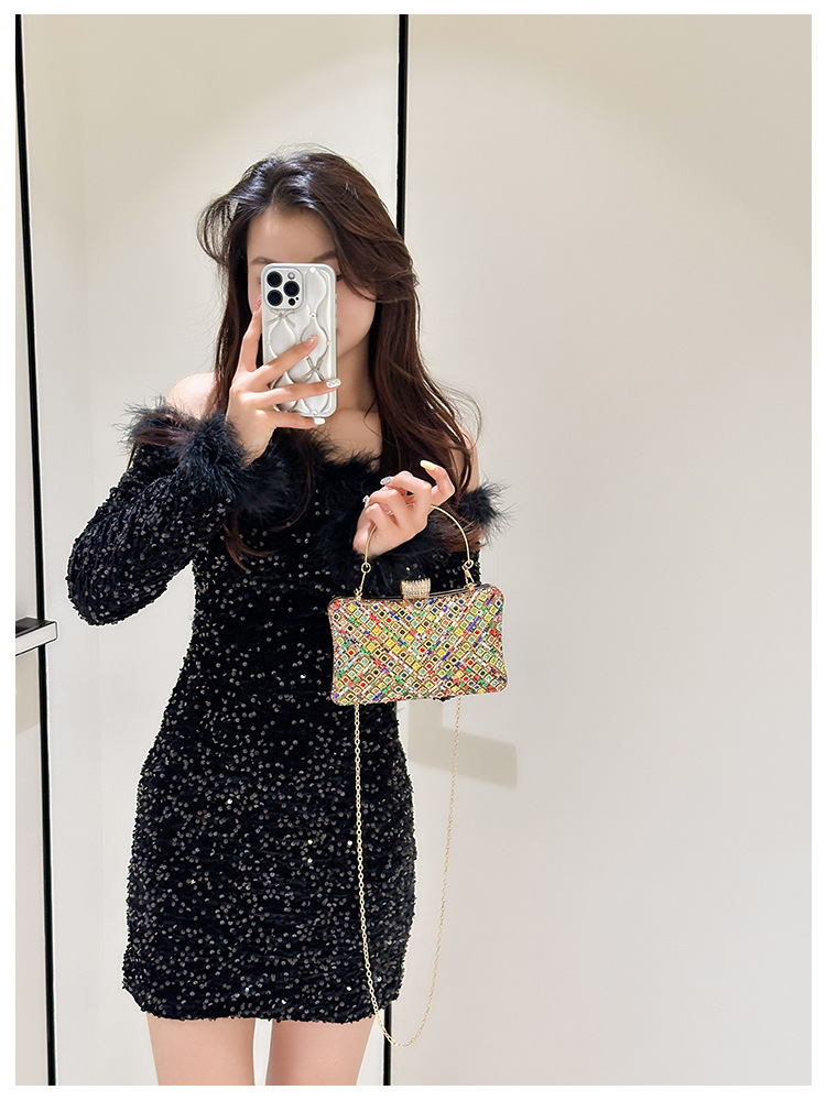 High-end evening dress, lady's water diamond clutch bag, diamond-encrusted bag, colorful diamond chain cheongsam bag, evening bag, women's handbag undefined