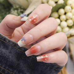 Fresh and cute blush nail with shimmer powder, French blue heart, spring new wearable nail, artificial nails