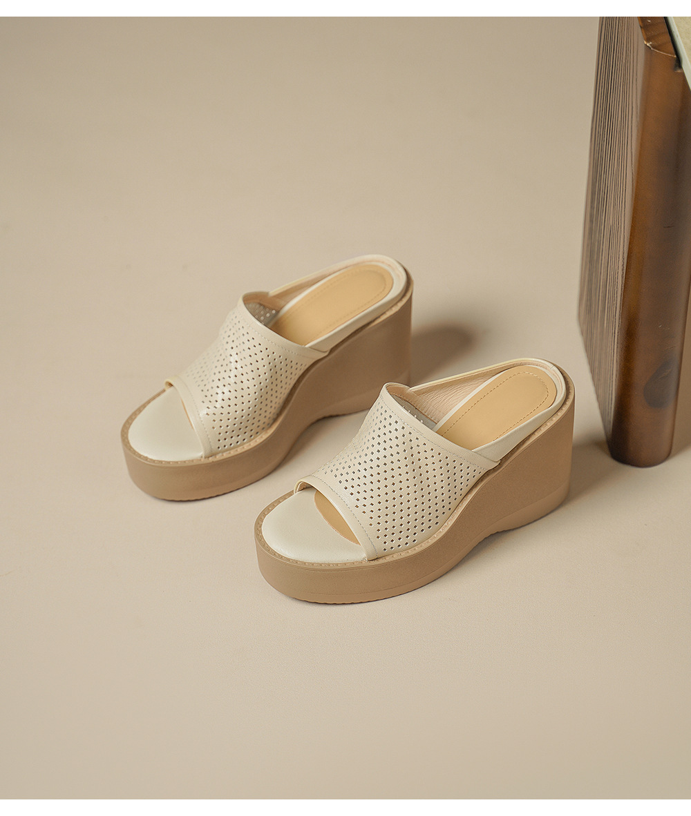 Dép sandal cao gót nữ da cừu đế xuồng mũi hở quai ngang — màu trắng ngà chi tiết 13
