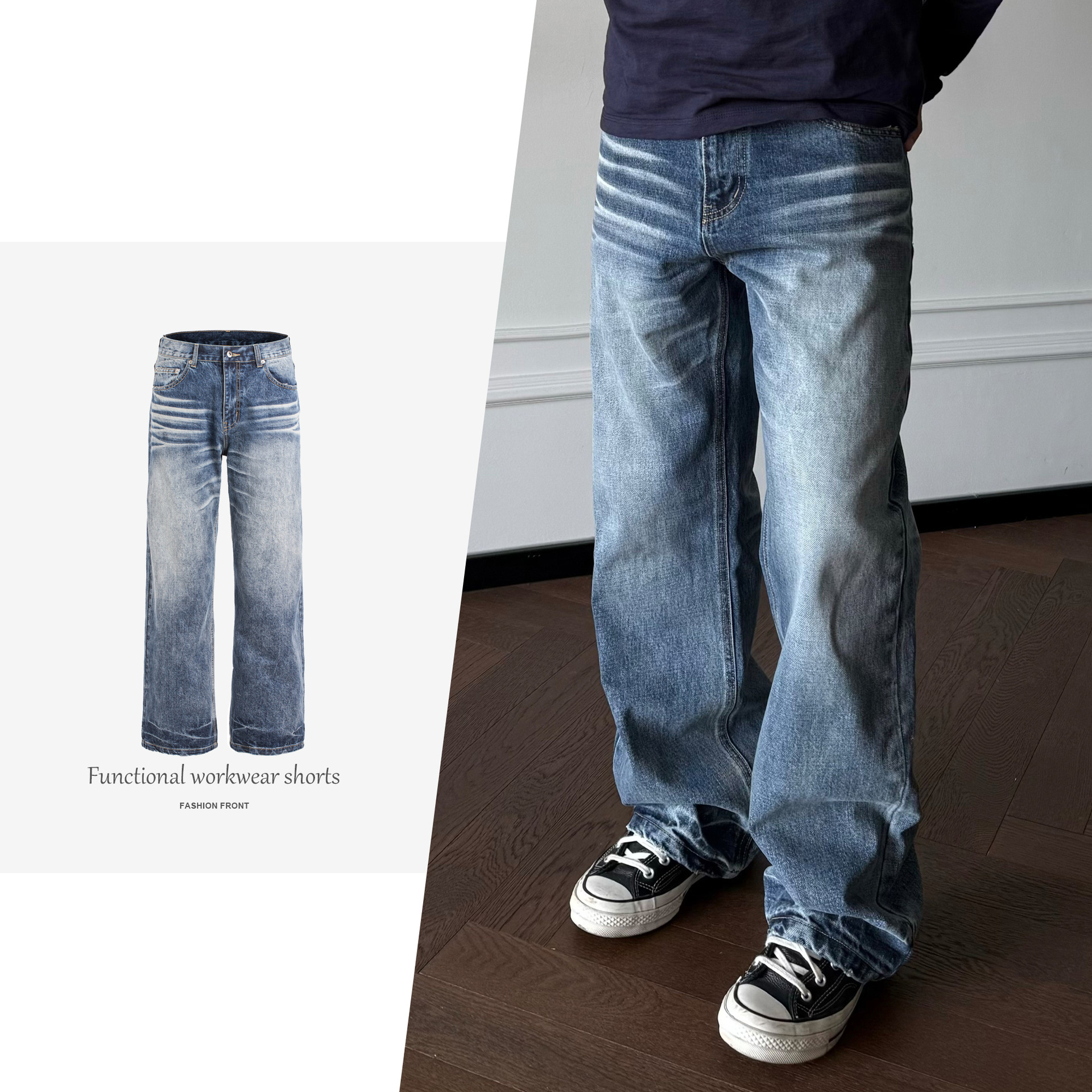 【JMWH】Wild Western Nevada Denim King 3D Washed Whiskered Honeycomb Straight Leg Jeans, Vintage Distressed