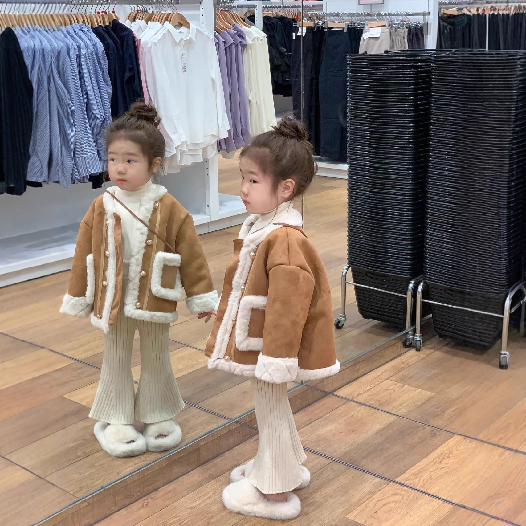 女童冬装韩系气质风空气层皮毛一体中兔毛绗缝内里加厚保暖外套