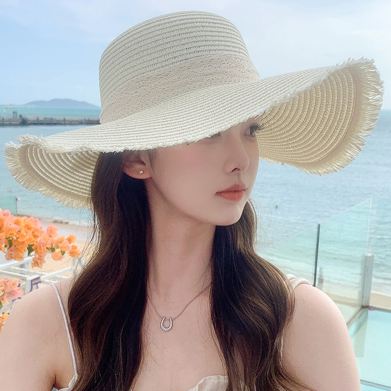 Korean Version of Small Fresh Sweet Fashionable Sunshade Hat for Women in Summer Large Brimmed Ribbon Outdoor Hat Large Brim Sun Hat Straw Hat_voghion.com