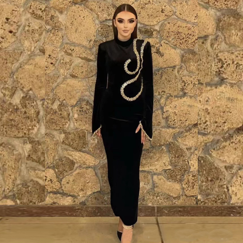 Autumn and winter high collar rhinestone long sleeve bandage dress European and American fashion tight party dress cross-border Amazon Autumn and winter high collar rhinestone long sleeve bandage dress European and American fashion tight party dress cross-border Amazon
