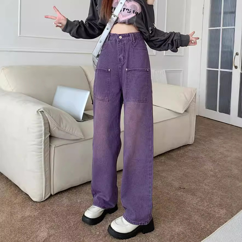 American Style High Street Purple Straight Jeans for Men and Women Street Fashion Brand Hip Hop Retro Loose Wide Leg Trendy Trousers