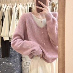 软糯奶fufu粉色假两件针织衫女秋冬季浣熊绒毛衣外搭宽松长袖上衣