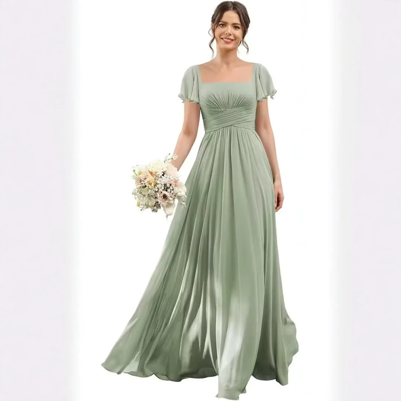 Short-Sleeve Chiffon Bridesmaid Dress with Long Slit, Square Neckline, A-Line Formal Party Dress with Pockets, Evening Gown Short-Sleeve Chiffon Bridesmaid Dress with Long Slit, Square Neckline, A-Line Formal Party Dress with Pockets, Evening Gown