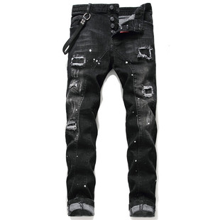 New Men's Tight Skinny Jeans Ripped Cloth Stretch Paint Splash Black Stitching Beggar Pants European and American Pants