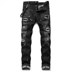 New Men's Tight-fitting Jeans with Holes, Elastic Paint Splashing Black Stitching Beggar Pants, European and American Pants