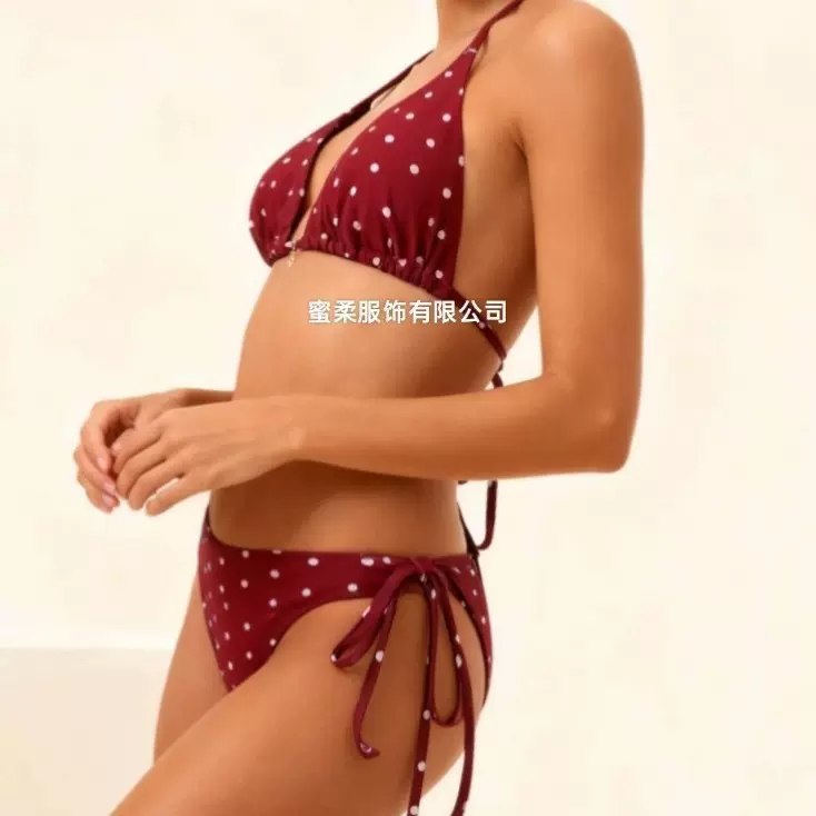 2025波点比基尼分体泳衣女点点泳装系带小胸聚拢游泳装运动款