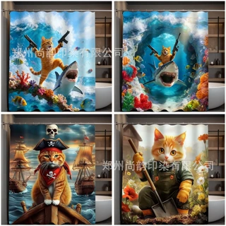 亚马逊TUME搞怪创意猫咪印花浴帘浴室氛围装扮洗手间隔水隔断帘