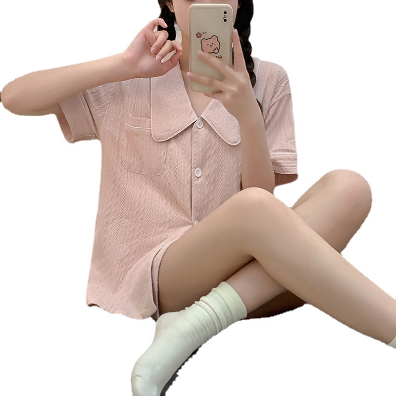 (2개) 코튼 파자마 여성 여름 새 옷깃 카디건 반팔 반바지 캐주얼 루즈 달콤한 소녀의 집 얇은 세트