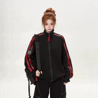 y2k亚文化立领外套女秋季新款条纹拼接夹克休闲vintage视觉系上衣